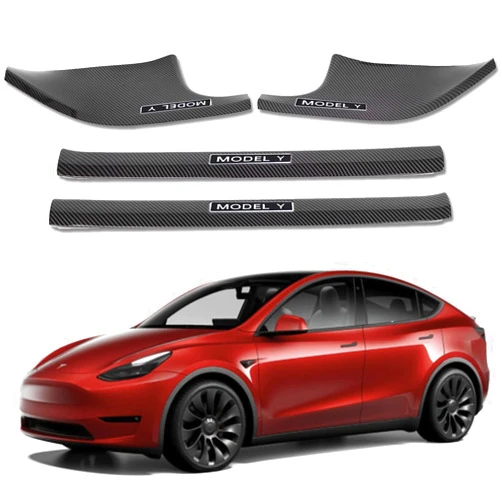 FLAMPETUS Door Sill Protector for Tesla Model Y, 4 Pieces Door Entry Protectors Strips for Inner Side, Tesla Model Y Accessories 2021 2022 2023 for 5-Seater, Glossy Carbon Fiber Pattern