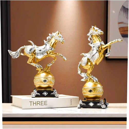 DESHINTKE Standing Horse Resin Statue, Golden Sliver Resin Horse Sculpture Home Decor