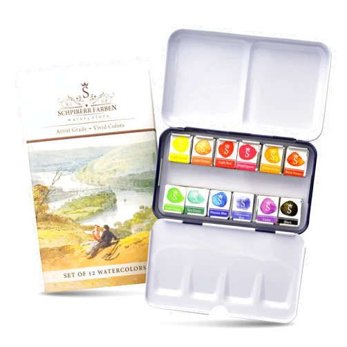 SCHPIRERR FARBEN – Watercolor Paint Set with Rich Pigment, Watercolor Set for Adults and Children, Portable Painter Palette in a Tin Box with a Metal Ring, 12 Vivid Colors