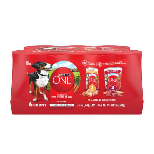 Purina ONE Tender Cuts in Gravy Chicken and Brown Rice, and Beef and Barley Entrees Wet Dog Food Variety Pack - (2 Packs of 6) 13 oz. Cans