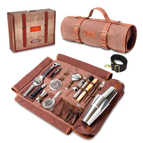 Barillio Bartender Bag Travel Bartender Kit Bag with Bar Tools | Professional 17-Piece Bar Tool Set with Portable Waxed Canvas Bag Including Shoulder Strap for Easy Carry | Travel Cocktail Set