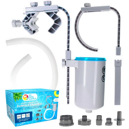 U.S. Pool Supply Pool Skimmer - Above Ground Pool Skimmer, Floating Surface Skimmer, 5 Adapters, Pool Accessories - Clean Dirt Basket, Wall Mount, Attach to Inflatable Collars, Tubular, Metal Frames