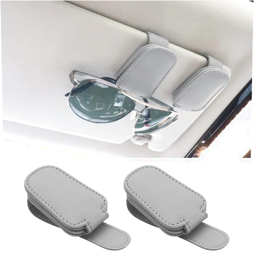 SUNCARACCL 2 Pack Sunglass Holder for Car Visor, Magnetic Leather Glasses Eyeglass Hanger Clip for Car, Sunglasses Holder and Ticket Card Clip for Car Visor Accessories (Gray)