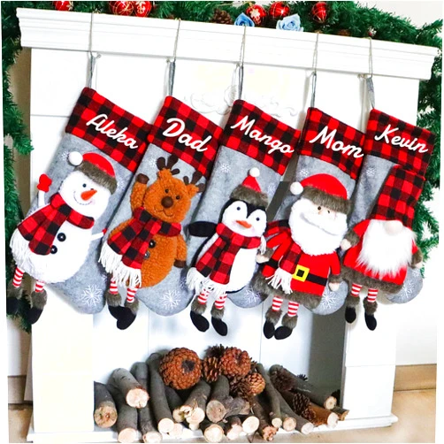 XENTUMI Personalized Christmas Stockings Set of 4 Custom Name Buffalo Plaid Stockings 3D Xmas Stockings for Christmas Decoration Large Family Christmas Stocking for Farmhouse Fireplace Mantle Cartoon