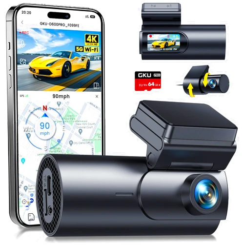 GKU Dash Cam Front and Rear Camera,4K+1080P, 5.8GHz WiFi & GPS Dash Camera for Cars,with 64G SDcard,1.47
