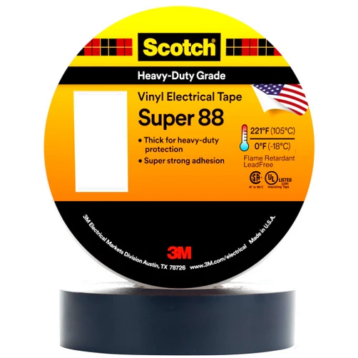 3M Scotch Vinyl Electrical Tape Super 88, 1-1/2 in x 44 ft, Black, 1 Roll, Premium Grade, Rubber Resin Adhesive, PVC Backing, All-Season Heavy Duty Electric Tape