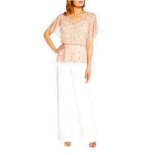 Adrianna Papell Beaded mesh Zippered Flutter Sleeve v Neck Blouse Blush / 0