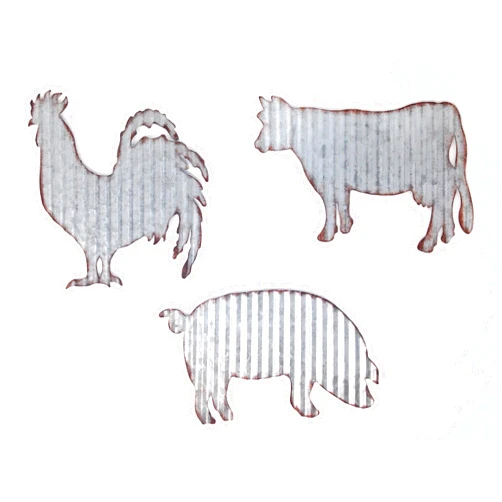 HL Cow Pig Rooster Galvanized Metal Farmhouse Wall Art Set