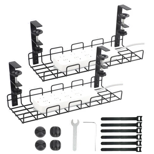 COSYAWN Under Desk Cable Management Tray, No Drill Steel Desk Cable Organizers, Wire Management Tray Cable Management Rack, Desk Cable Tray with Wire Organizer and Desk Cord Organizer Black, 2 Pack
