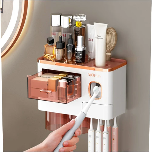 MOPMS Toothbrush Holders, Wall Mounted Toothbrush for Bathroom, Automatic Toothpaste Dispenser Squeezer with Magnetic Cups, Tooth Brushing Holder Drawer Storage Organizer Space Saver-2 Cups White
