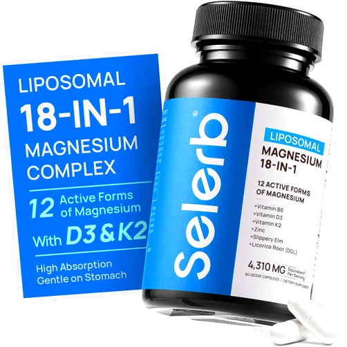 Selerb 18 in 1 Magnesium Complex for Women and Men | Liposomal Magnesium Supplement with Glycinate, Citrate, Malate, Taurate, D3 & K2 | High Absorption for Muscle, Sleep, Bone, Nerve Support | 90 Capsules