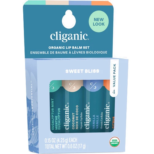 Cliganic Organic Lip Balm Set - 4 Flavors - Natural Hydrating for Cracked & Dry Lips