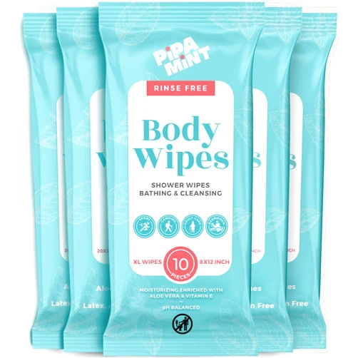 PIPA MINT Body Wipes (5 Packs) 50 XL Shower Wipes Body Wipes for Adults Bathing, Traveling, Camping, Gym, Car, Elderly, Bedridden - Bath Wipes - Disposable Washcloths for Adults No Rinse