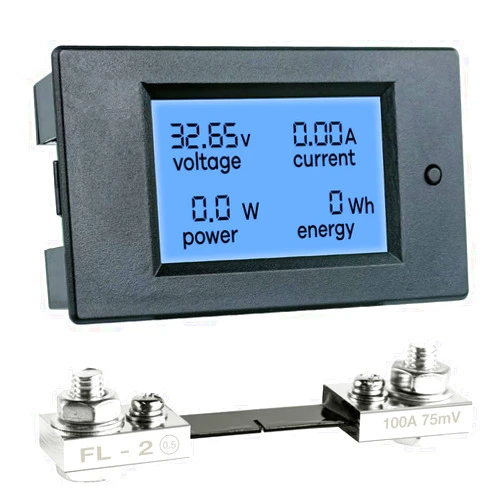 Hosyond DC 6.5-100V 0-100A LCD Display Digital Power Monitoring Meter Voltage Current Power Energy Meter Ammeter Voltmeter Multimeter with 100A Current Shunt