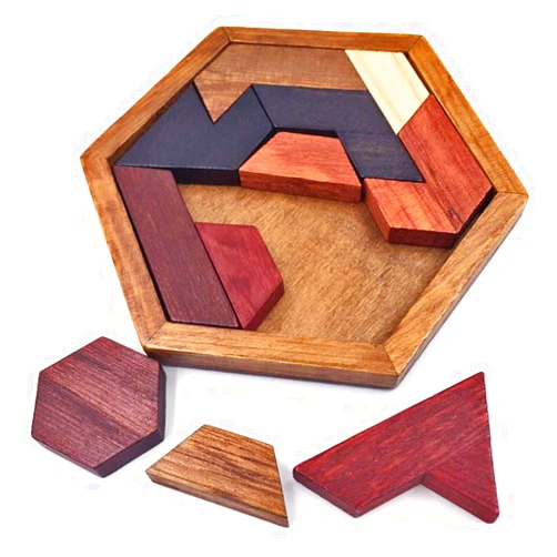 KINGOU Hexagon Tangram Puzzle Wooden Brain Puzzles for Kids & Adult Challenge Wooden Brain Teasers Puzzle Games for Family Party Gift - Brain Games for Kids