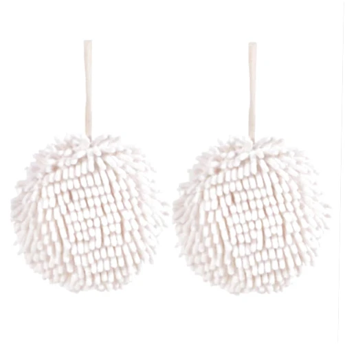 ASEANAO 2 PCS Chenille Hanging Hand Towels Quick Dry Hanging Absorbent Soft Hand Bath Towel, Bathroom Fluffy Microfiber Decorative Towels Ball，Cleaning Cloth for Bathroom Kitchen (White)