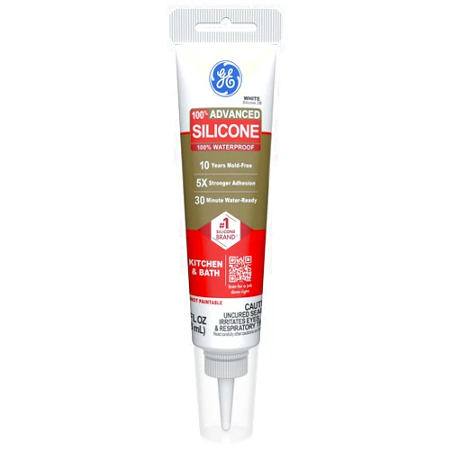 GE Advanced Silicone Caulk for Kitchen & Bathroom - 100% Waterproof Silicone Sealant, 5X Stronger Adhesion, Shrink & Crack Proof - 2.8 fl oz Tube, White, 1 Pack