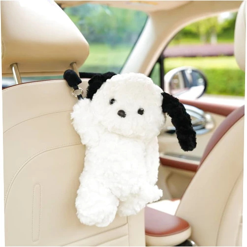 WASTROYAL Plush Puppy Car Tissue Box Holder – Cute Crawling Dog Design, Hanging or Dashboard Use, Soft Style Organizer for Vehicle Interior (White Dog)