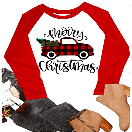 UNIQUEONE Christmas Shirts for Women Christmas Long Sleeve Raglan Shirt Christmas Plaid Truck Tree Graphic Splicing Top