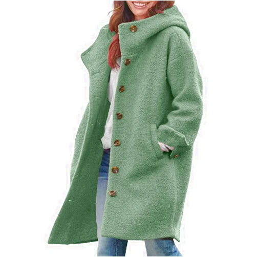 chouyatou Women's Winter Single Breasted Long Wool Coat with Hood Casual Wool Blend Trench Coat Jacket