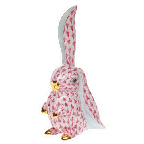 Herend Bunny Rabbit One Ear Up Porcelain Figurine Raspberry Fishnet