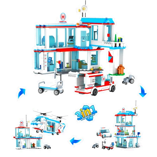 NEWABWN City Hospital STEM 3 in1 Building Sets, Compatible with Lego Ambulance Tor Truck, Rescue Helicopter, Connect to Other City Sets, 687 PCS Best Gift for 6 7 8 9 10 Boys