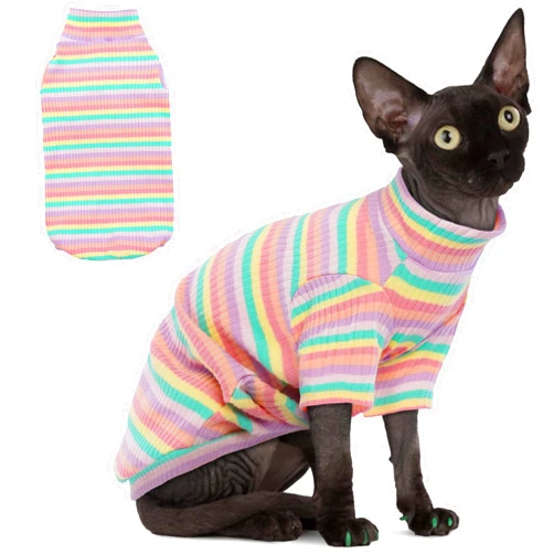 PUMYPOREITY Sphynx Cat Clothes, Soft Hairless Cats Shirt with Sleeves, Stretchy Cat Sweater, Pullover Cat Pajamas Jumpsuit, Turtleneck Cat Outfit for Sphynx Cornish Rex, Devon Rex, Rainbow, XS
