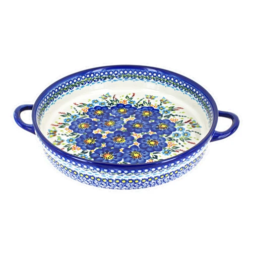 Blue Rose Pottery Blue Rose Polish Pottery Garden of Blue Large Round Baker with Handles
