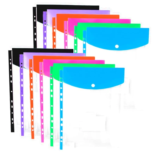 YIGAGNY 12 Pack Binder Pockets for 2/3/4 Ring Binder, Binder Folders with Snap Button and Label, Expandable Plastic Envelopes Binder Organizer Folders with 11 Holes for School Office Home