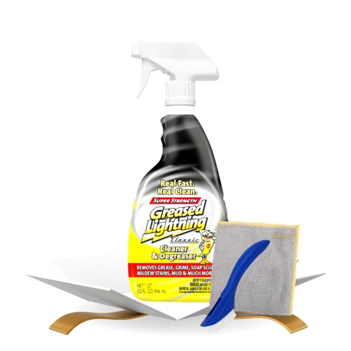 Grove Greased Lightning Lemon Scent Cleaner & Degreaser Spray 32 oz Bundle with Microfiber Cloth + Scrub Brush - Powerful All-Purpose Cleaner - Fast-Acting Stain Remover for Everyday Cleaning - (3 Items)