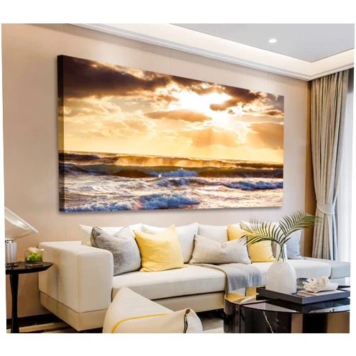 ArteWOODS Sunset Ocean Canvas Wall Art - Ocean Waves Wall Decor Glow Sea Scene Picture Painting Nature Landscape Prints Sunset Over the Ocean Painting Artwork Living Room Bedroom Office Home 20