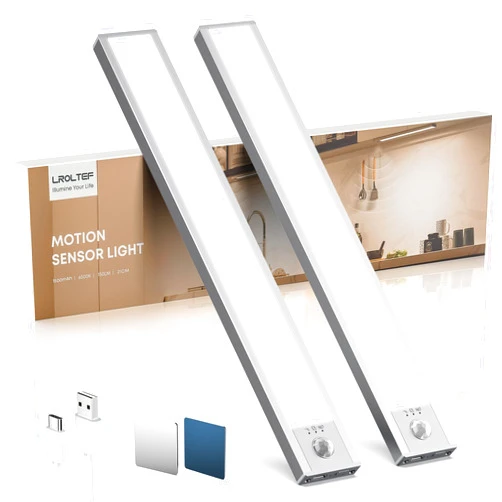 LROLTEF Under Cabinet Lights, 2 Pack Magnetic Dimmable Closet Lights, 32 LED 1500 mAh USB Rechargeable Battery Operated Motion Sensor Light Indoor, Wireless Under Counter Lights for Kitchen, Stairs