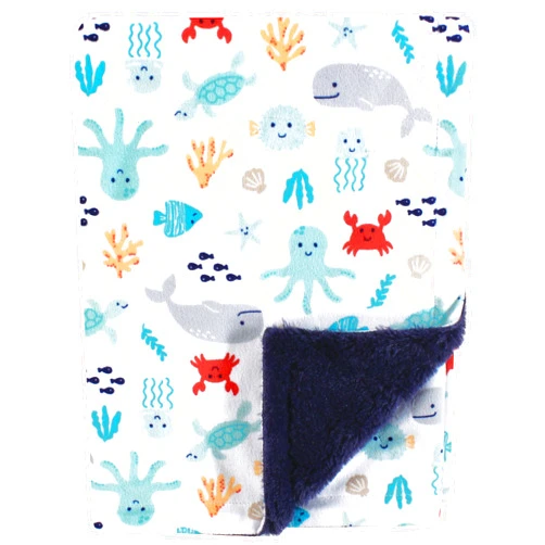 Hudson Baby Unisex Baby Plush Blanket with Furry Binding and Back, Sea Characters, One Size