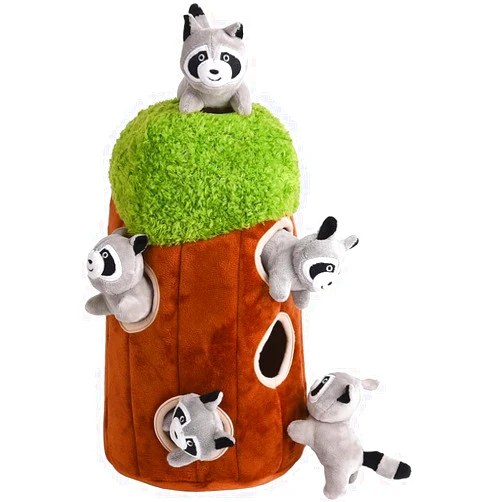 Glow Pups Raccoon in Tree Hide and Seek Dog Toy for Small and Medium Size Dogs, Plush Raccoon Inside Trunk Dog Toy with Squeaker, Interactive Burrow Dog Toy (Tree with Raccoons, Large)