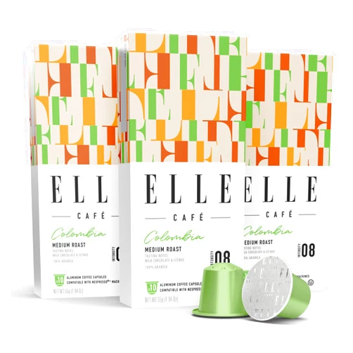 ELLE Cafe© Colombia Espresso Coffee Pods - 30 Count - Medium Roast, Flavor Intensity Level 8 - Single-Serve Capsules