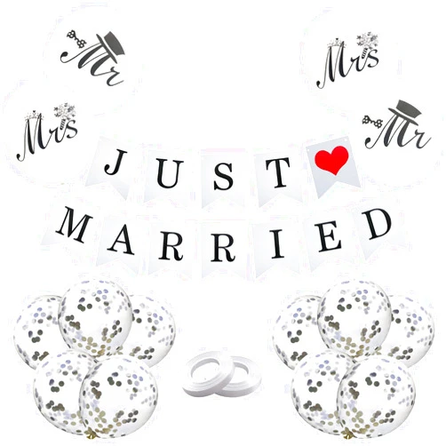 Triwin Just Married Decorations, JUST MARRIED Wedding Party Decorations Car Decor Wedding Balloons White and Silver Rustic Wedding Banner for Reception Vintage Wedding Bunting Photo Props Bridal Shower Decor