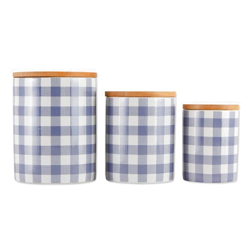 DII Ceramic Canister Sets for the Kitchen Food Safe Storage Containers with Lids, Large, Medium & Small, Buffalo Check, Stonewash Blue & White, 3 Count