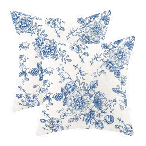 AEIOAE Chinoiserie Floral Pillow Covers 18 x 18 Inch Set of 2, Vintage Blue Flower Decorative Throw Pillow Covers Outdoor Linen Farmhouse Decor Pillowcase for Home Sofa