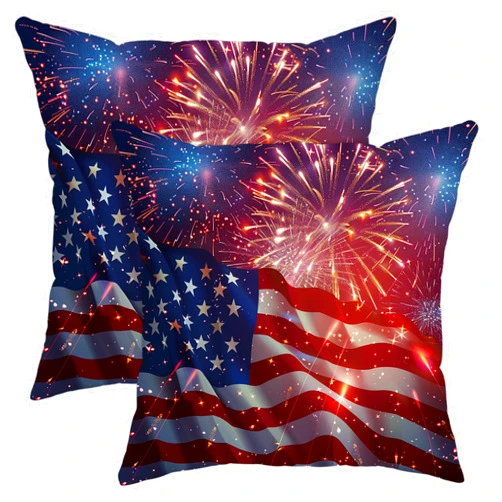 Generic Patriotic Firework Throw Pillow Cover Pack of 2 Elegant Luxury America Star Scenic Red Blue Soft Velvet Washable with Zipper Decorative Couch Outdoor Porch Fluffy Pillow Case 16x16 Inch