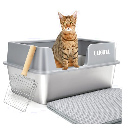 ULIGOTA Stainless Steel Litter Box Cat Litter Box with High Sides, Non Stick Surface & Never Absorbs Odors, Easy to Clean, Large Metal Litter Box for for Small to Medium Sized Cats
