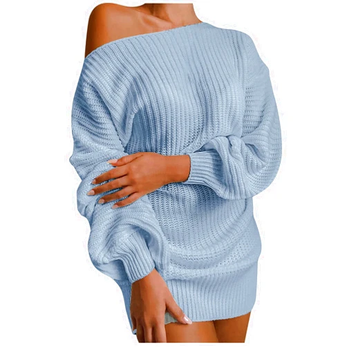 8QIDA Ladies Casual Sweater Dress Strapless Long Sleeve Loose Mid-Length Dress Summer Dresses Casual Long