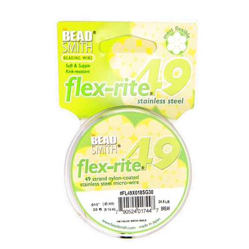 The Beadsmith Flex-Rite Wire – 49 Strand, Nylon Coated, Stainless Steel Beading Wire – Gold Color, 018” Diameter, 30-Foot Spool – Flexible Wire for Necklace, Bracelet and Jewelry Making