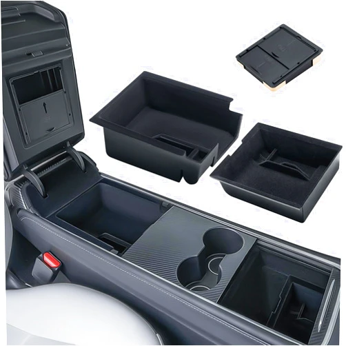 Uireefly 3Pcs Center Console Organizer for Tesla Model Y 2021-2025, Flocked Fabric Center Console Organizer Set Include Console Front & Rear Tray Hidden Armrest Storage Box for Tesla Model 3 2017-2023