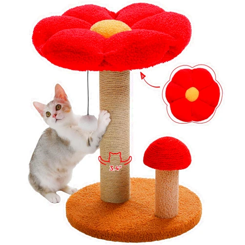 PETEPELA Mushroom Cat Scratcher Tower with Thick Scratching Post & Removable Flower Cat Bed [15.7''] for Kittens and Small Indoor Cats, Brown