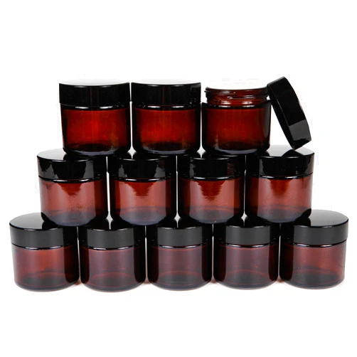 Vivaplex, 12, Amber, 2 oz, Round Glass Jars, with Inner Liners and black Lids