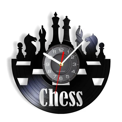IUPPA 30Cm Vinyl Record Wall Clock International Chess Pieces Vinyl Album Record Clock Checkerboard Wall Art Professional Game Room Decor Timepieces Hanging Watch