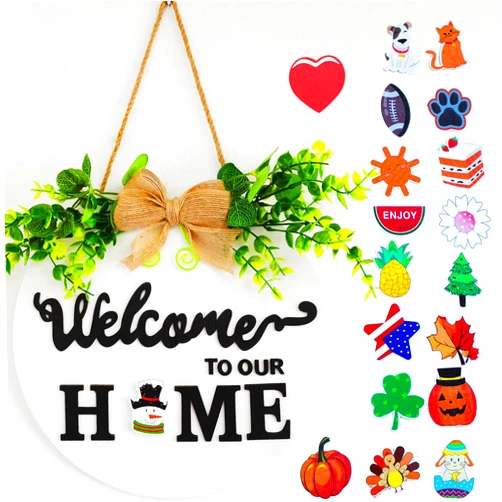 LITIALLY 19 Cute Icons Interchangeable Seasonal Welcome Sign Front Door Decoration, Rustic Round Wood Wall Hanging Outdoor, Farmhouse, Porch, for Spring Summer Fall Winter All Seasons Holidays