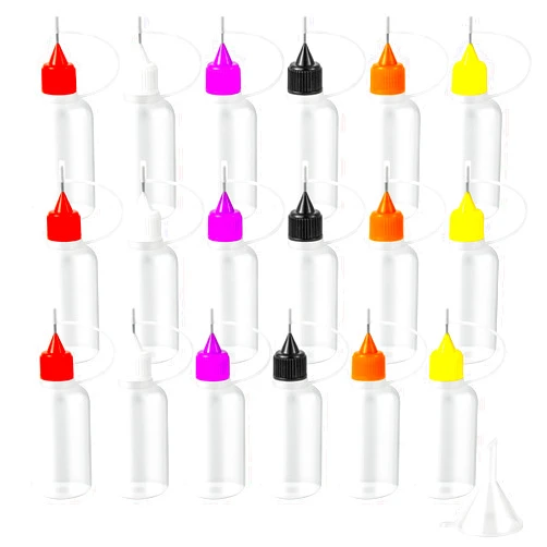 YEAJOIN 18PCS Precision Needle Tip Glue Applicator Bottles, 6 Color 30ML/1 OZ Fine Needle Tip Squeeze Bottle with Mini Funnel for DIY Paint Paper Quilling Craft Glue Ink Liquid Acrylic Painting