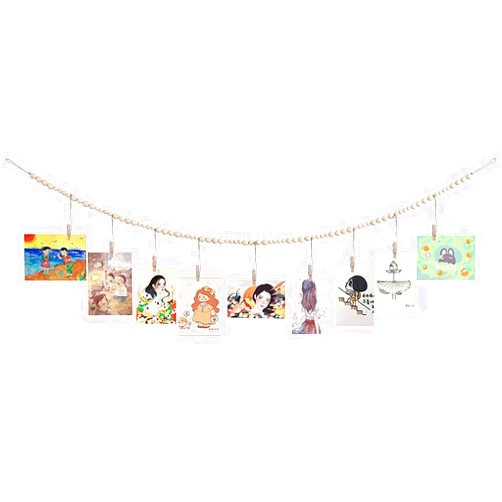 Aniaoie Hanging Photo Display Boho Decor Natural Wooden Beads, Pictures Cards Holder with 9 Wood Clips, Wall Art for Room Bedroom Dorm, Girlfriend Girl Gift,1(9 Clips)