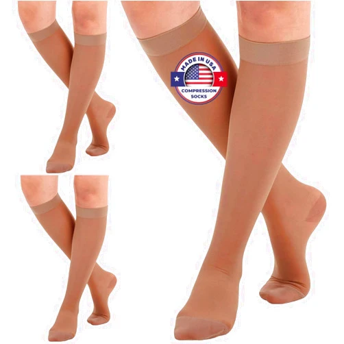 ABSOLUTE SUPPORT (3 Pairs - Closed Toe) Made in USA - Compression Socks for Women 15-20mmHg - Sheer Compression Knee High Stockings for Post Surgery, Pregnancy, Arthritis, Edema - Beige, Large - A101BE3-3